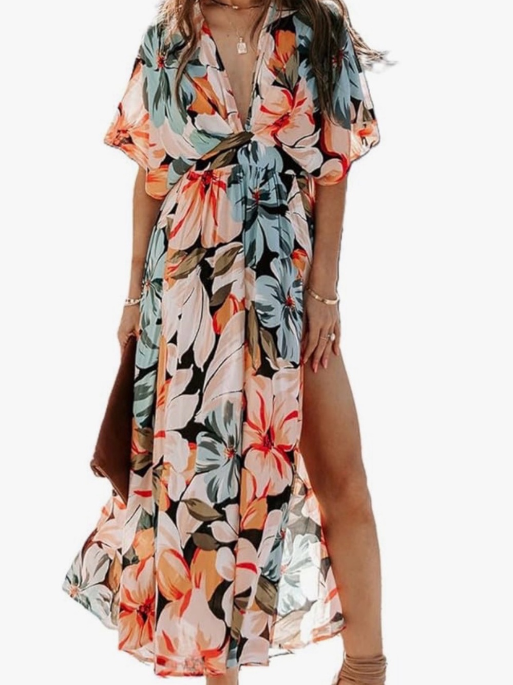 Floral Maxi Wrap Dress in Pastel Coral & Mint